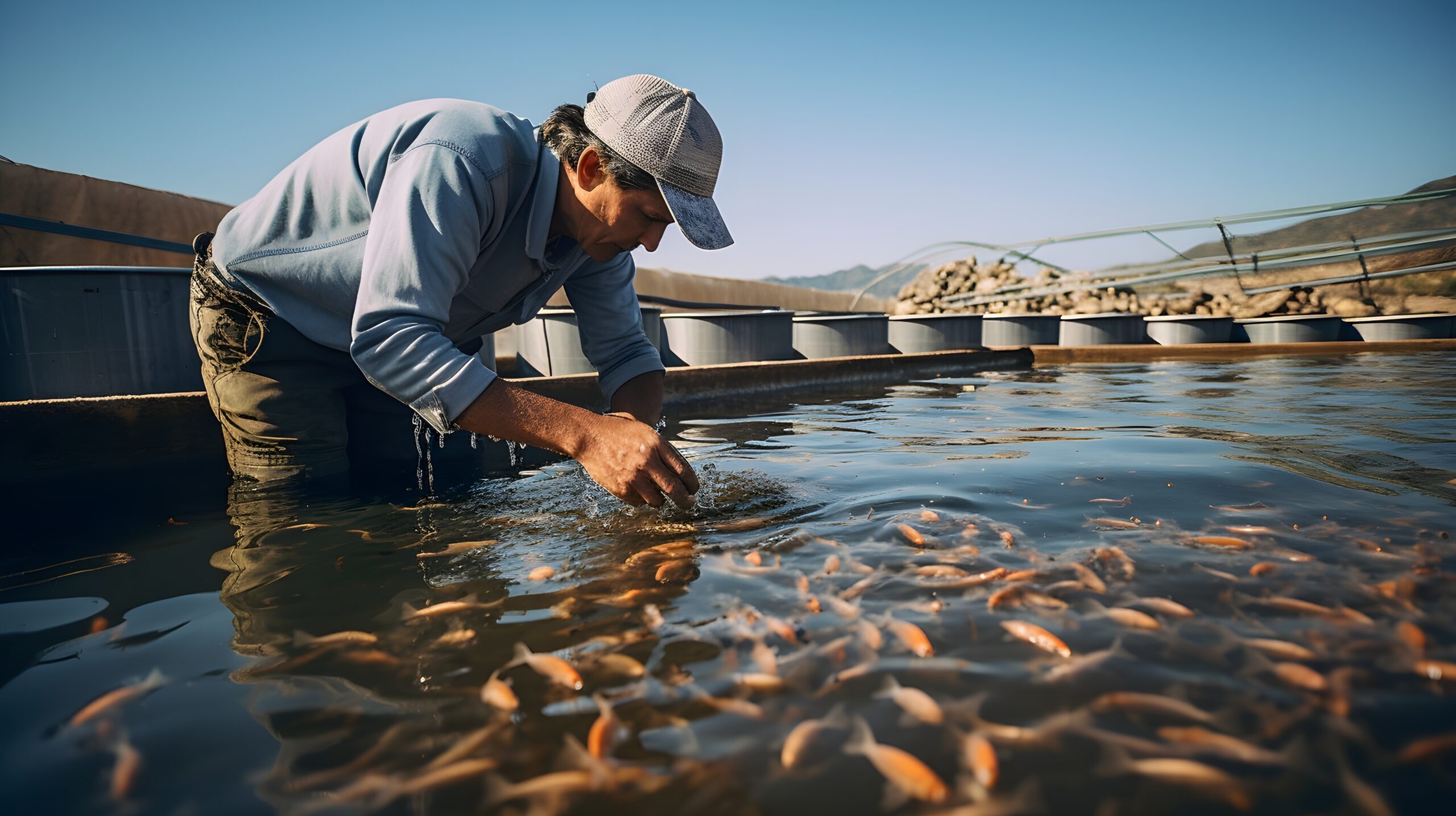 A farmer feeding nutrient-rich pellets to schools of fish in large aquaculture tanks,